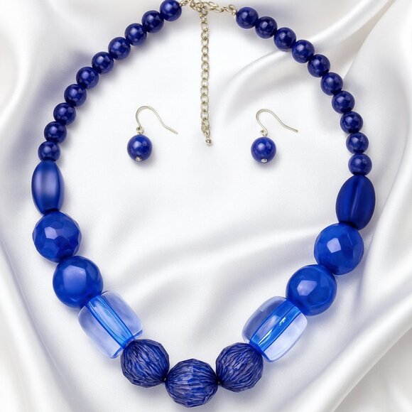 Blue Chunky Beaded Statement Necklace & Earrings Set – Silver Women Jewelry, 18" - Picture 1 of 9